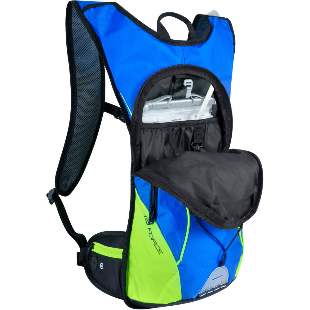 with 2 l reservoir<br>reservoir - made by HYDRAPAK for FORCE<br>inserting the center partition into reservoir locks the low profile and 1.5 liter capacity<br>- pulling the partition unlocks the full 2 liters of capacity<br>can be filled with water max. temperature of 60 ° C<br>inside pocket for mobile phone and keys<br>waist belt with 1 pocket<br>height-adjustable chest strap<br>more reflective features <br>higher back padding for better ventilation<br>suitable also for running and cross-country skiing<br>material: Nylon