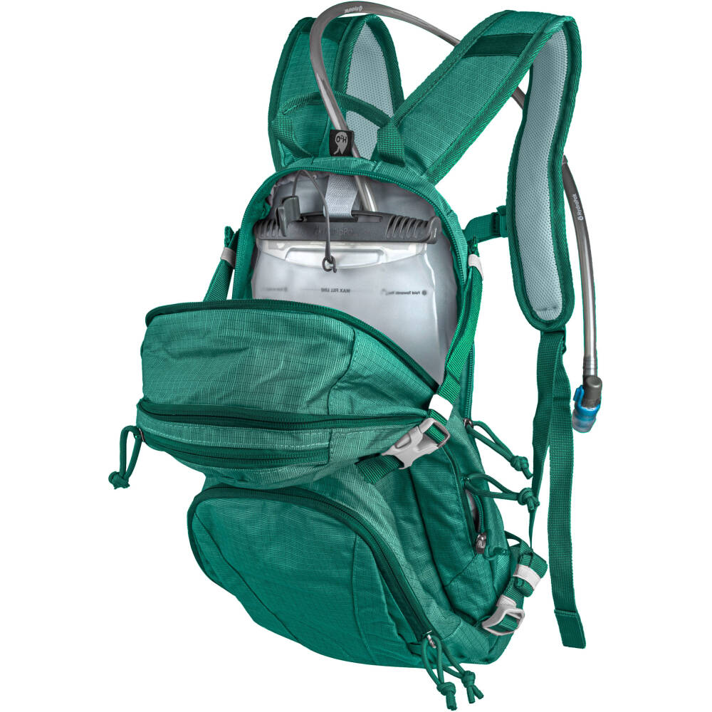 including a 2 L reservoir made by HYDRAPAK. Suitable for water up to 60 °C. Features two large zippered compartments