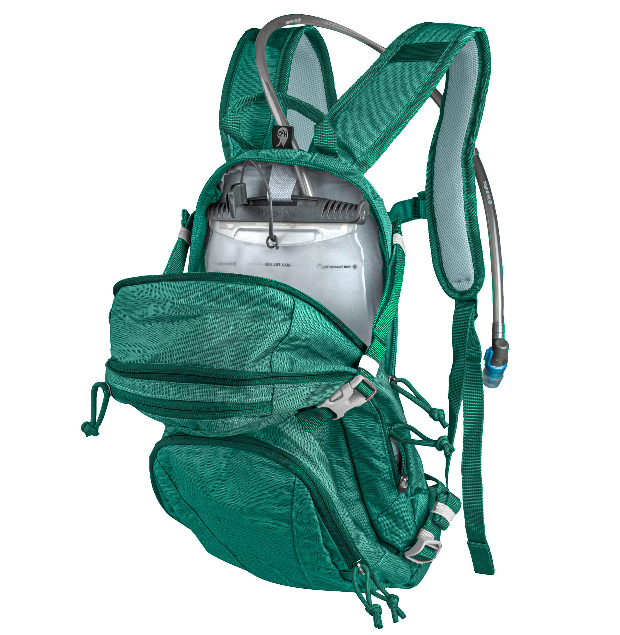 including a 2 L reservoir made by HYDRAPAK. Suitable for water up to 60 °C. Features two large zippered compartments