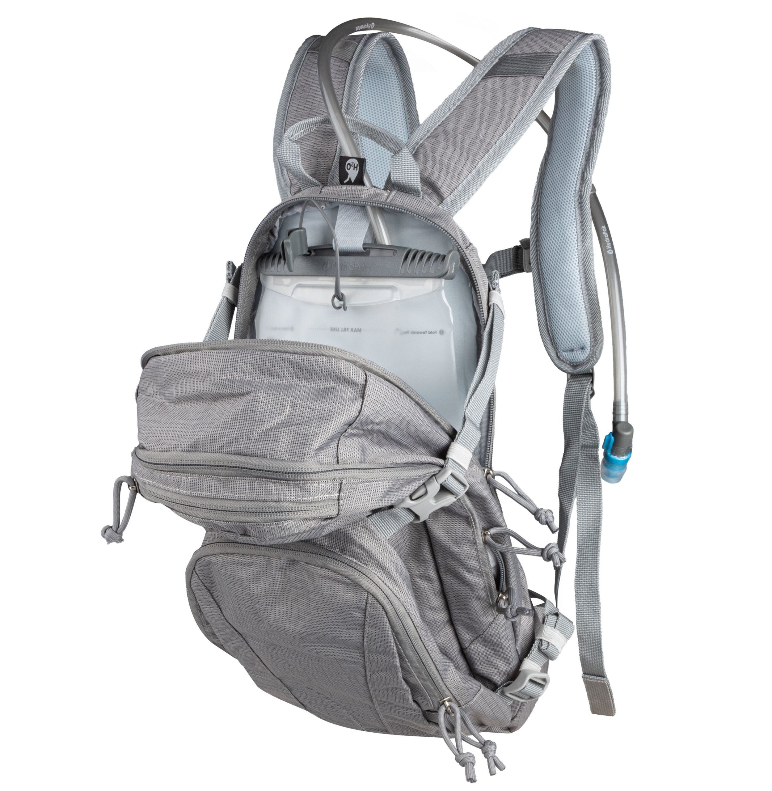 including a 2 L reservoir made by HYDRAPAK. Suitable for water up to 60 °C. Features two large zippered compartments