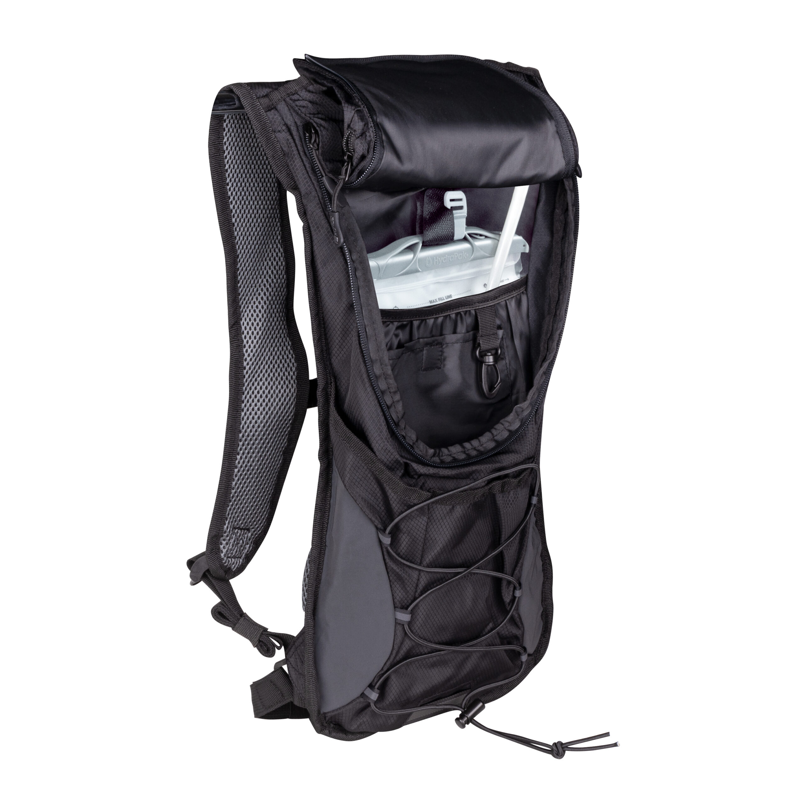 with 2 l reservoirreservoir - made by HYDRAPAK for FORCEinserting the center partition into reservoir locks the low profile and 1.5 liter capacity- pulling the partition unlocks the full 2 liters of capacitycan be filled with water max. temperature of 60 ° Cinside pocket with zipper and carabine for keyswaist belt with zipper pocket and space for earphonesheight-adjustable chest strap