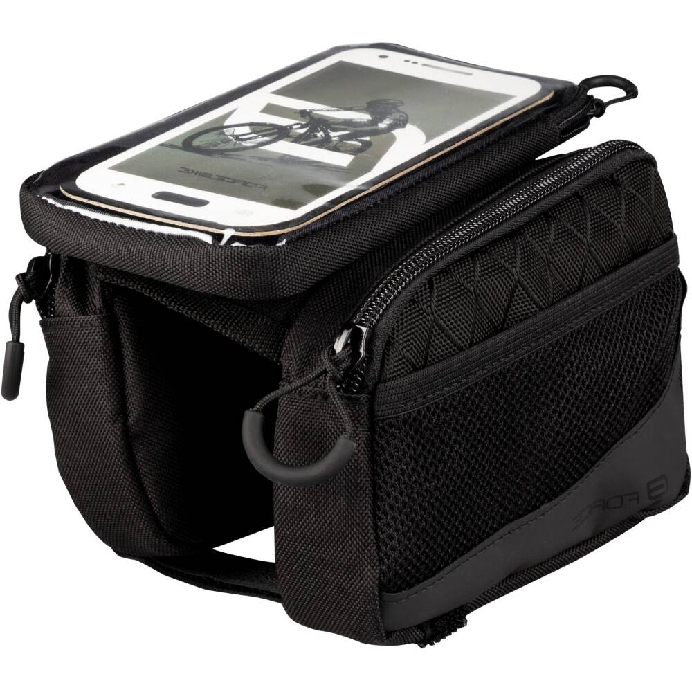 frame bag with two side compartments and removable smartphone pouch<br>suitable for phones up to 6.5" in size<br>protecting the phone from moisture