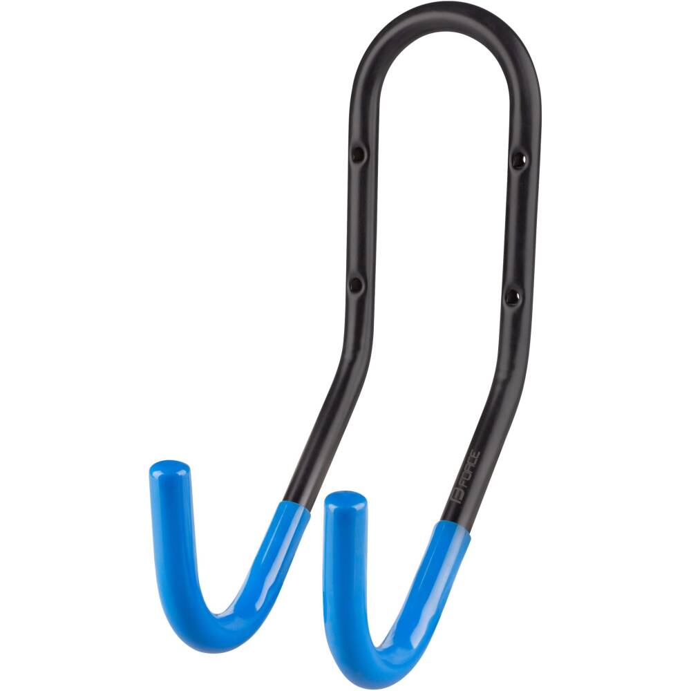 foldable bicycle wall hanger (4 holes)<br>to hang on the handlebars<br>arm ends coated by plastic sleeve (to prevent bars scratch)<br>spacing of carrying arms: 9