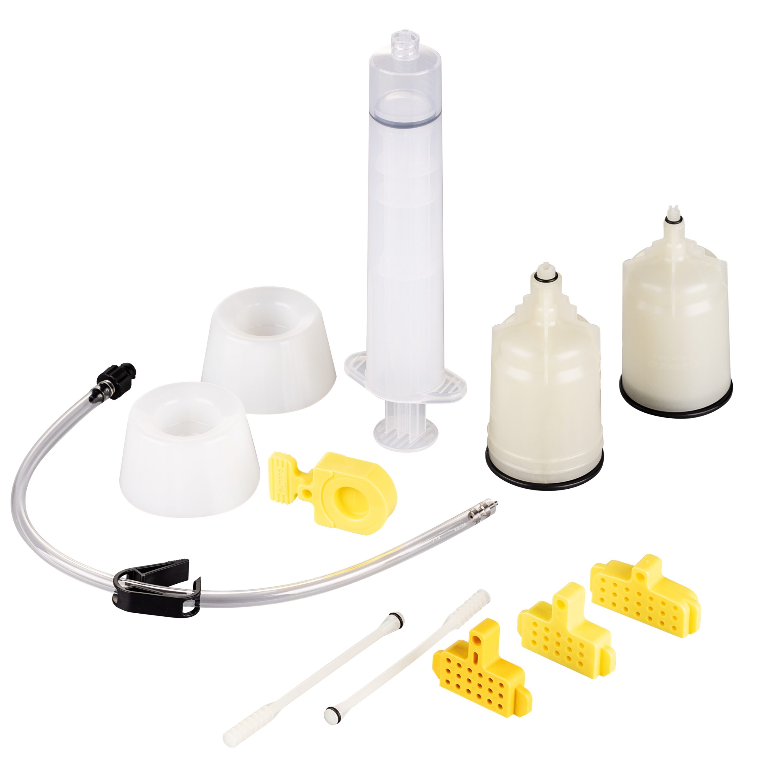 professional bleeding kit offers easy bleeding of hydraulic Shimano disc brakesTl-BR001 syringe incl. connection hose and mounting clipTL-BR002 bleeding funnel (M7 thread) incl. oil stopperTL-BR003 bleeding funnel (M5 thread) incl. oil stopper4 bleeding spacers