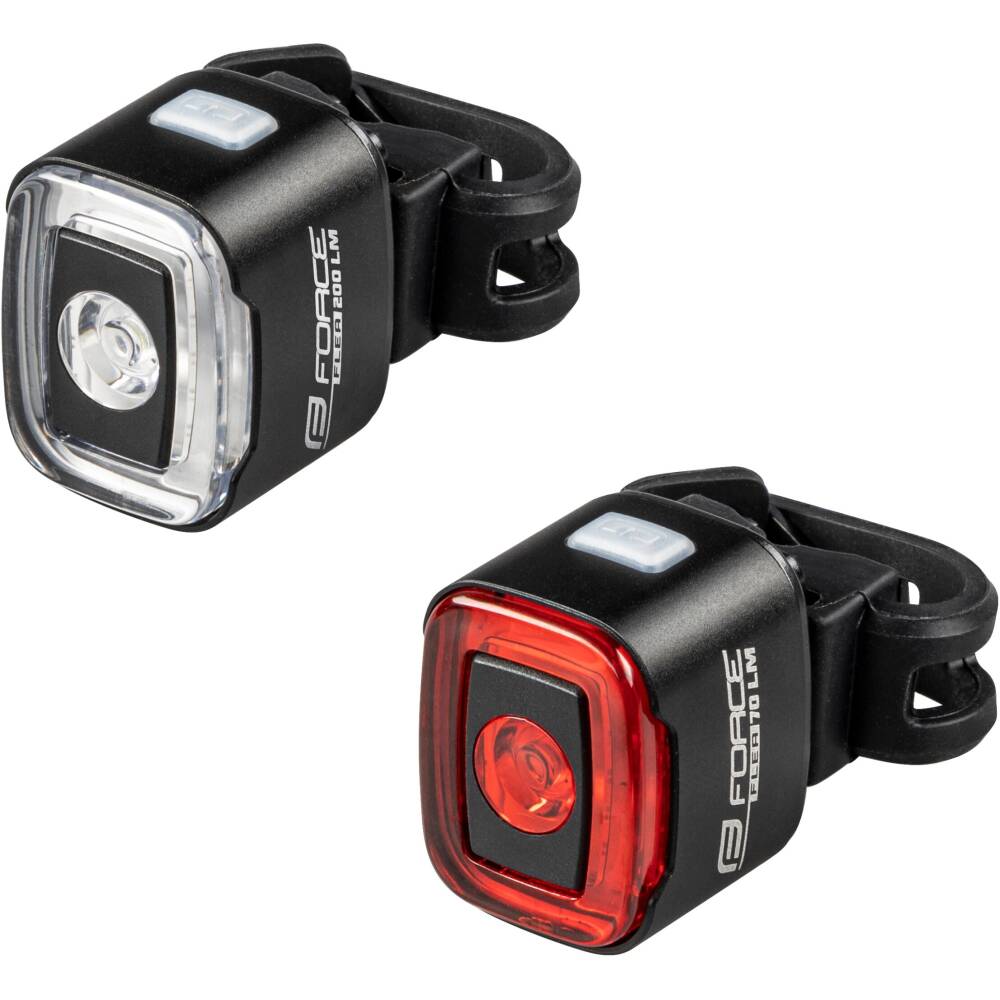 <p>set consists of:<br>front/rear light FORCE FLEA 200LM USB (art. 45164)<br>useable as FRONT or REAR as well<br>20x red COB CHIPs on sides + 1x XP-E2 central white LED 200LM<br>10 functions: 6 lighting + 4 flashing modes<br>HEADBAND INCLUDED - to be useable as a headlamp<br>universal elastický silicone holder for handlebars 22