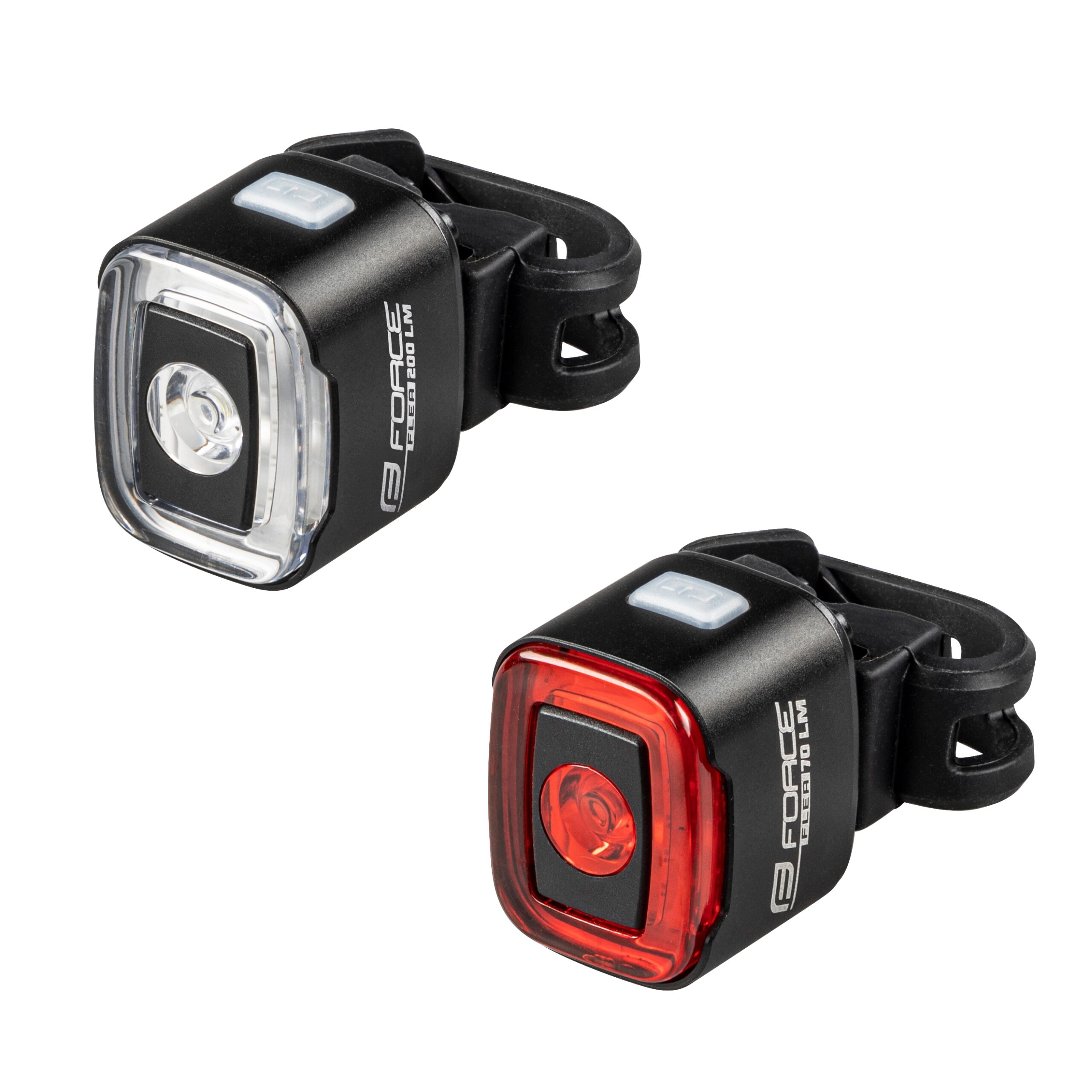 set consists of:front/rear light FORCE FLEA 200LM USB (art. 45164)useable as FRONT or REAR as well20x red COB CHIPs on sides + 1x XP-E2 central white LED 200LM10 functions: 6 lighting + 4 flashing modesHEADBAND INCLUDED - to be useable as a headlampuniversal elastický silicone holder for handlebars 22