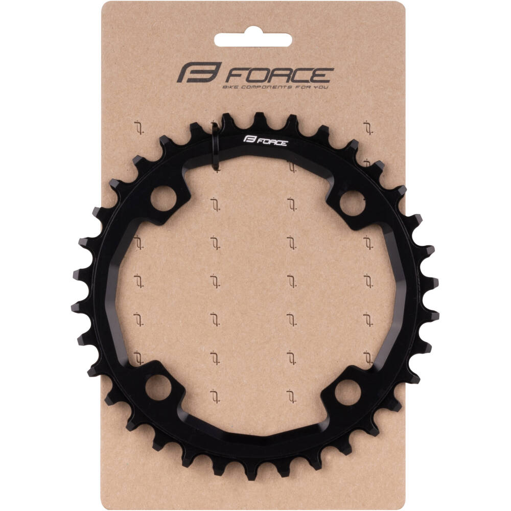 wide teeth) <br>prevents the chain from falling<br>chainring is designed for 10 - 11 -12 speed systems<br>finish: black anodized<br>material: AL 7075<br>BCD - bolt circle diameter – pitch of mounting bolts - 4 bolt: 104mm - distance between axles of opposite holes<br>tooth nr.: 34<br>weight: 53g<br>MADE IN CZECH REPUBLIC