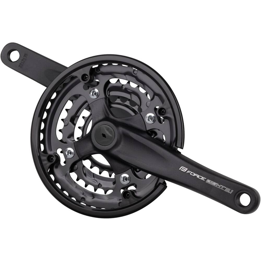 MTB crank set for 8/7/6 speed<br>steel chain rings 42/32/22t  replacable/riveted<br>repleacable black plastic chain guard<br>designed for square tapered bottom bracket<br>recommended bottom bracket length: 118 mm<br>chain line: 47