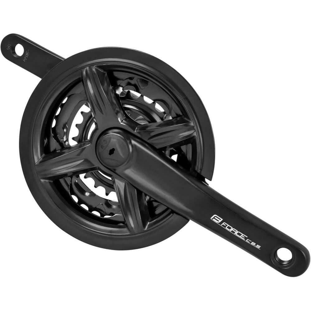 MTB crank set for 8/7/6 speed cassette<br>NON-replaceable black steel chainrings 42/34/24t<br>repleacable black plastic chain guard<br>designed for square tapered bottom bracket<br>recommended bottom bracket length: 120 mm<br>chain line: 47
