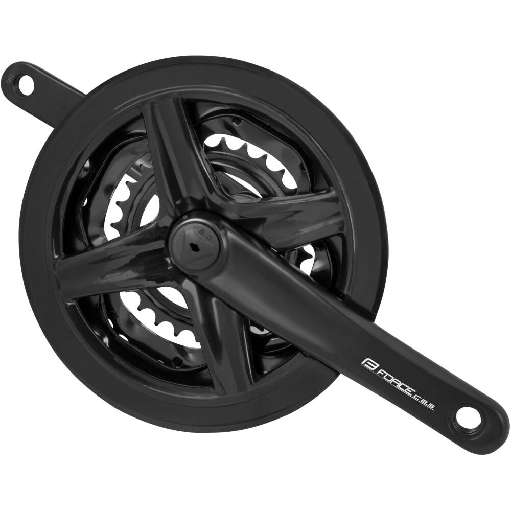 MTB crank set for 8/7/6 speed cassette<br>NON-replaceable black steel chainrings 48/38/28t<br>repleacable black plastic chain guard<br>designed for square tapered bottom bracket<br>recommended bottom bracket length: 120 mm<br>chain line: 47
