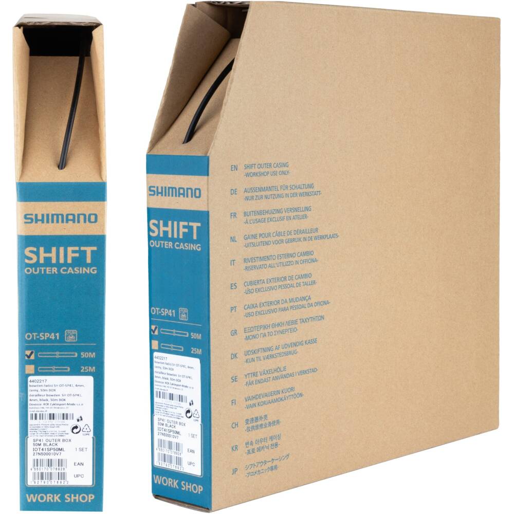 SHIMANO original derailleur bowden<br>material: teflon with grease<br>diameter: 4 mm<br>price is for 1 BOX = 50 m = 1 role<br>packed in paper unwinder SHIMANO box