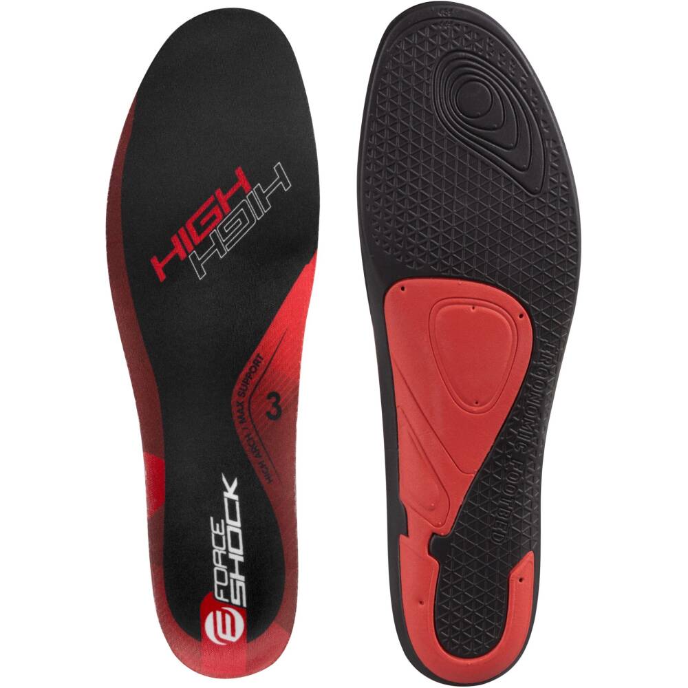 high-quality and comfortable footbeds<br>ergonomically designed <br>RED = high support for cyclists with high arch<br>correct choice of support level helps to stabilize the ankle