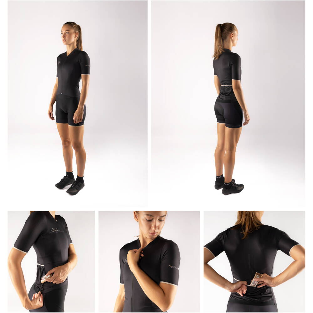 3 rear pockets + 1 zipper water-resistant pocket<br>hem with anti-slip silicone on back part