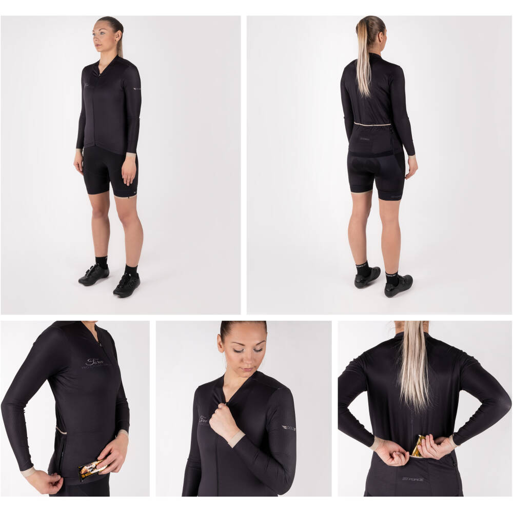 3 rear pockets + 1 zipper water-resistant pocket<br>elastic rubber hem with anti-slip silicone