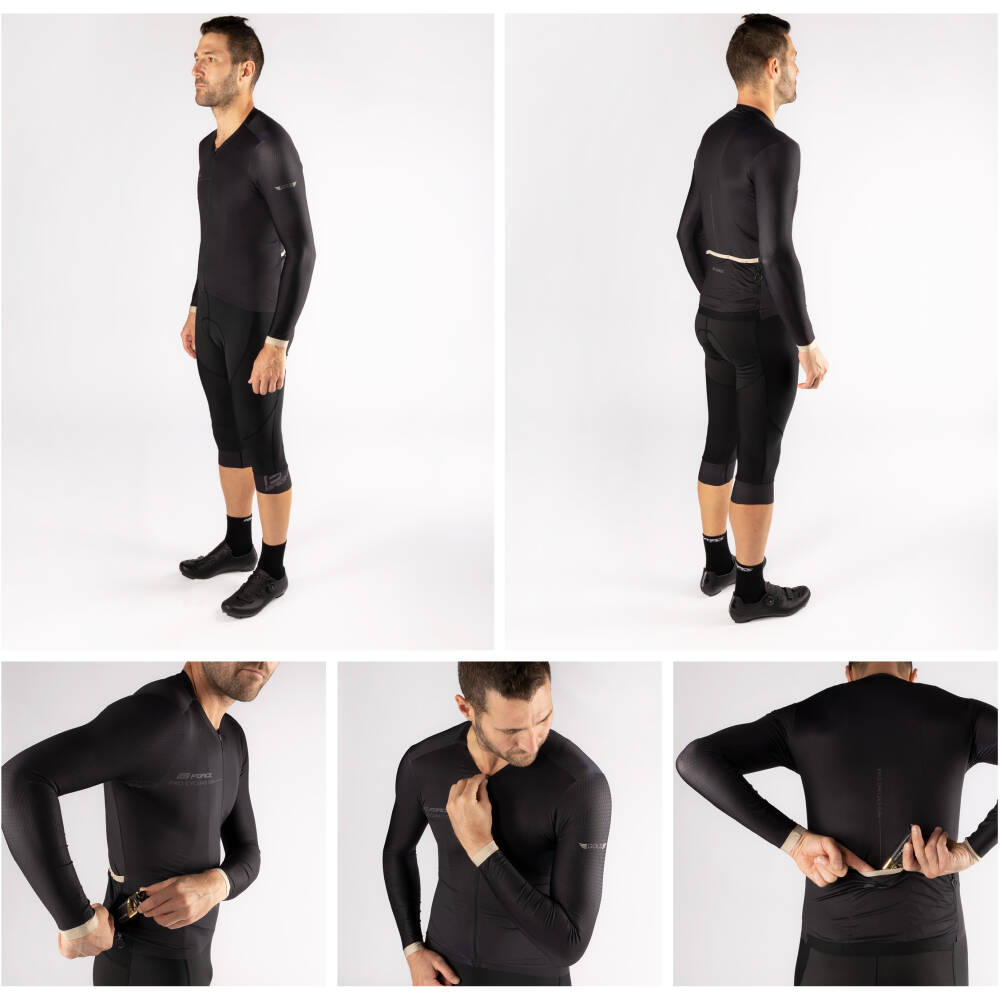 3 rear pockets + 1 zipper water-resistant pocket<br>hem with anti-slip silicone on back part<br>reflective features