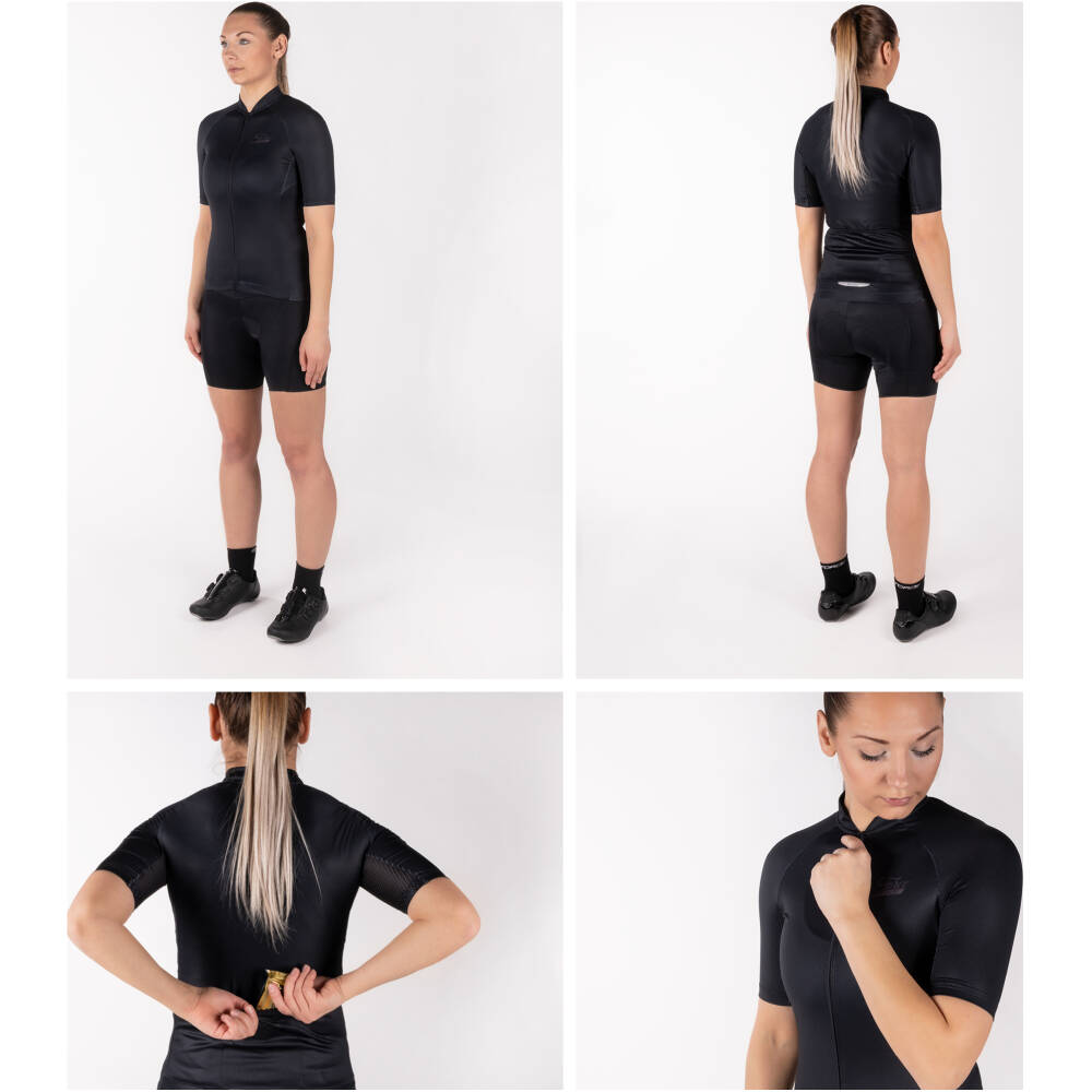 3 rear pockets<br>elastic rubber hem with anti-slip silicone<br>reflective features