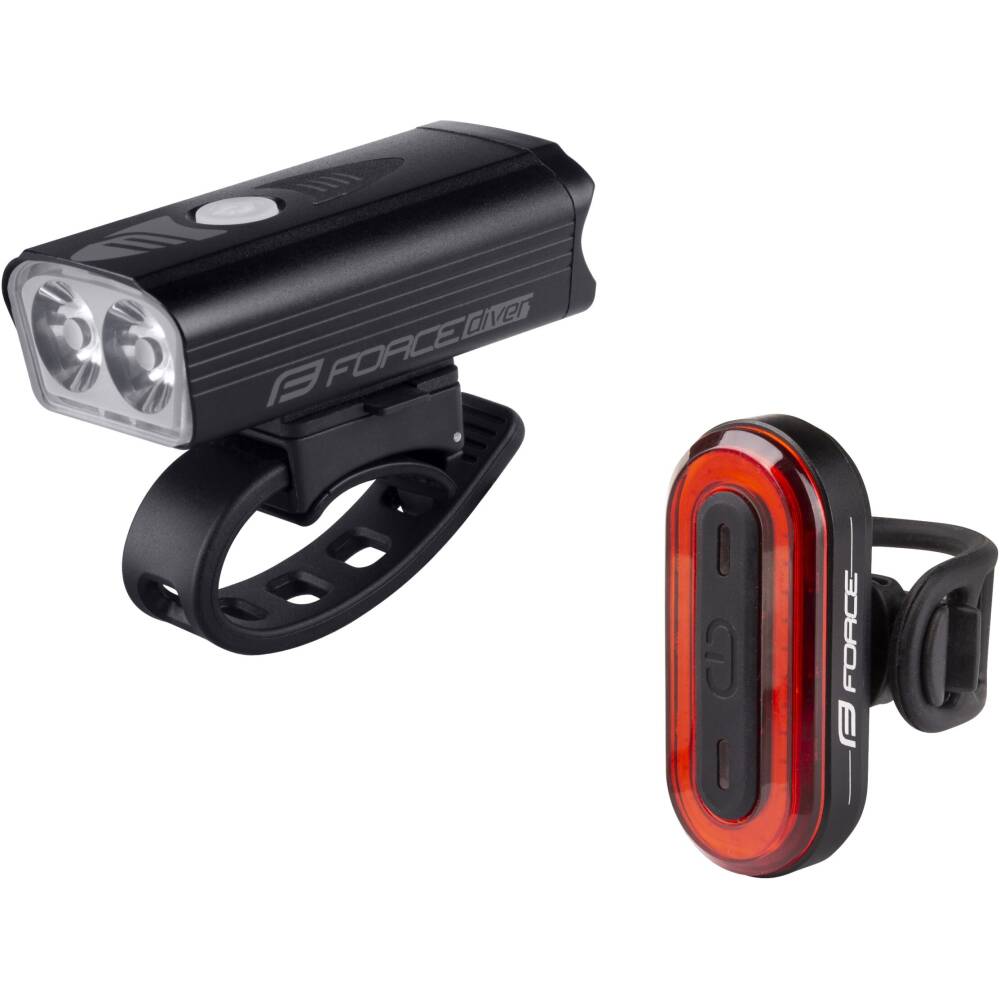 front light FORCE DIVER (art. 4521043)<br>2x main CREE XP-G2 LED 900LM + 14x SMD LED for day light mode<br>8 functions: 4 lighting + 4 flashing modes<br>universal elastic silicone holder for handlebars 22