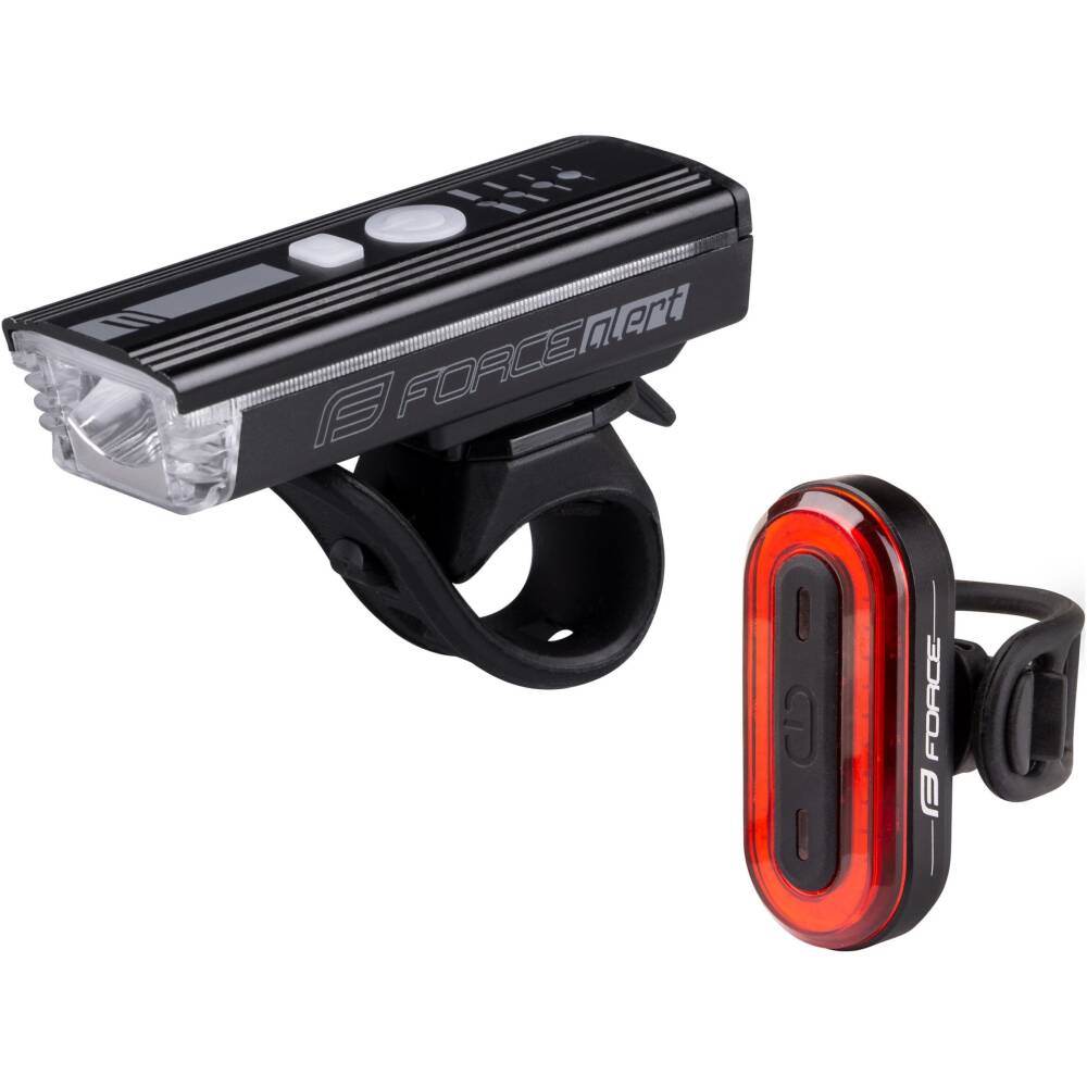 <p>front light FORCE ALERT 350LM USB (art.45176)<br>1x 5W Samsung LED 350 LM + 12x side SMD LED<br>5 functions: 3lighting + flashing mode + alarm<br>universal elastic silicone holder for handlebar 22