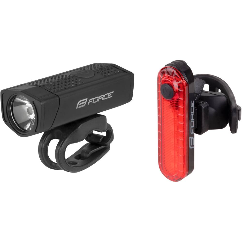 set includes:<br>front light FORCE DOT (art. 451708)<br>1x LED diode 300LM<br>3 functions: lighting high/standard + flashing<br>universal silicone holder for handlebar 22