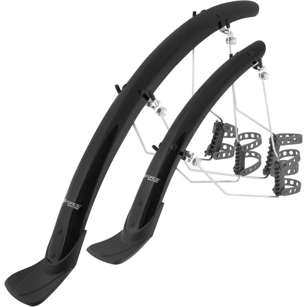 set of mudguards front + rear long (with plastic end caps)<br>IDEAL SOLUTION FOR CARBON FRAMES<br>designed for 28" ROAD wheels <br>width of mudguard: 38 mm<br>material: PET with two-piece steel brackets<br>weight (incl. struts and end caps): 355 g<br>packed in polybag