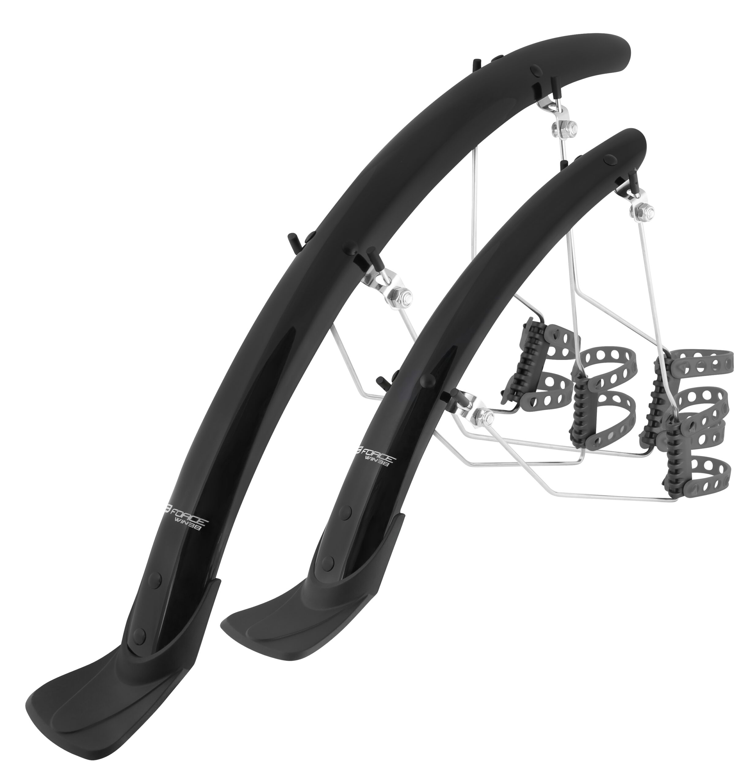 set of mudguards front + rear long (with plastic end caps)IDEAL SOLUTION FOR CARBON FRAMESdesigned for 28" ROAD wheels width of mudguard: 38 mmmaterial: PET with two-piece steel bracketsweight (incl. struts and end caps): 355 gpacked in polybag