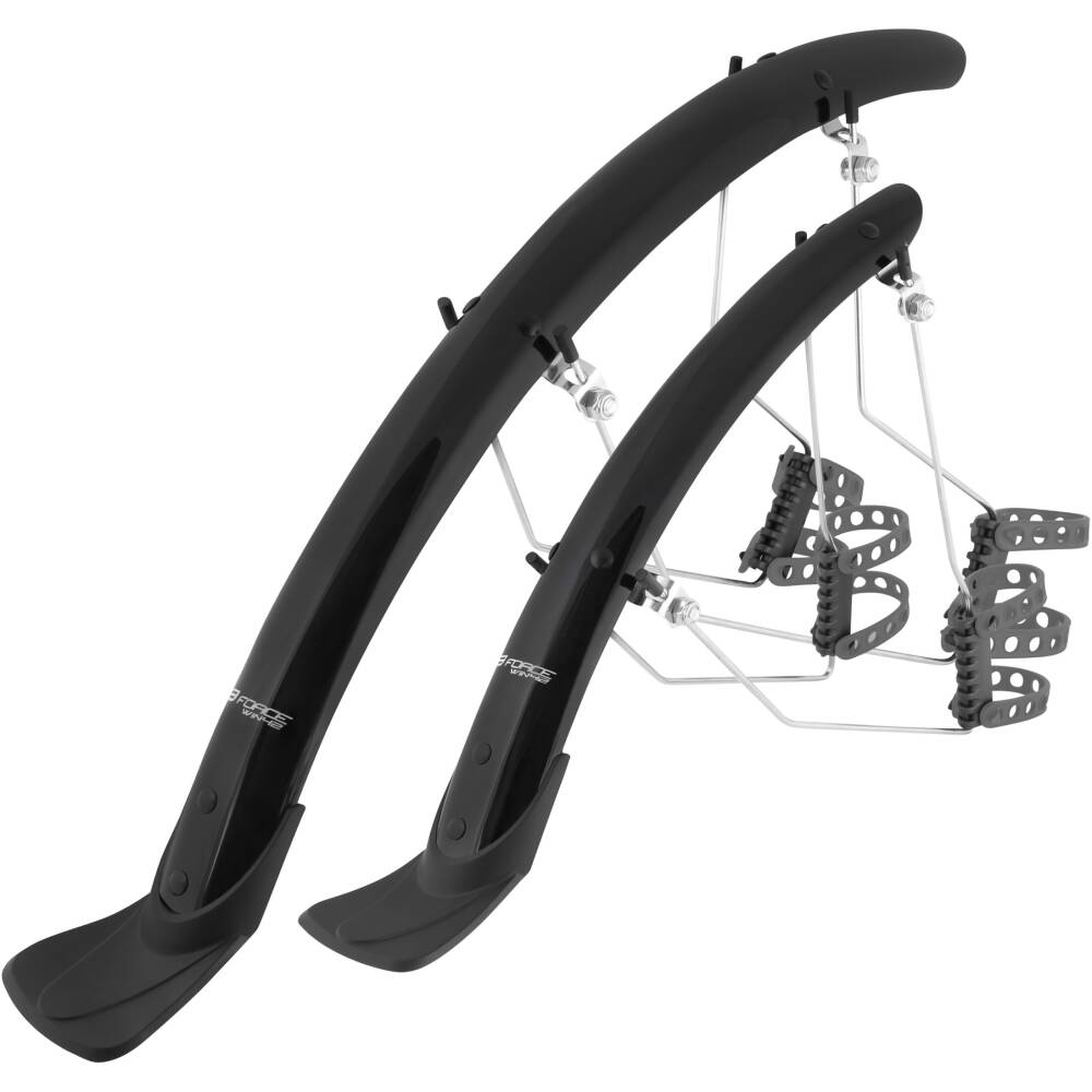set of mudguards front + rear long (with plastic end caps)<br>IDEAL SOLUTION FOR CARBON FRAMES<br>designed for 28" ROAD and TREKKING wheels<br>width of mudguard: 42 mm<br>material: PET with two-piece steel brackets<br>weight (incl. struts and end caps): 370 g<br>packed in polybag