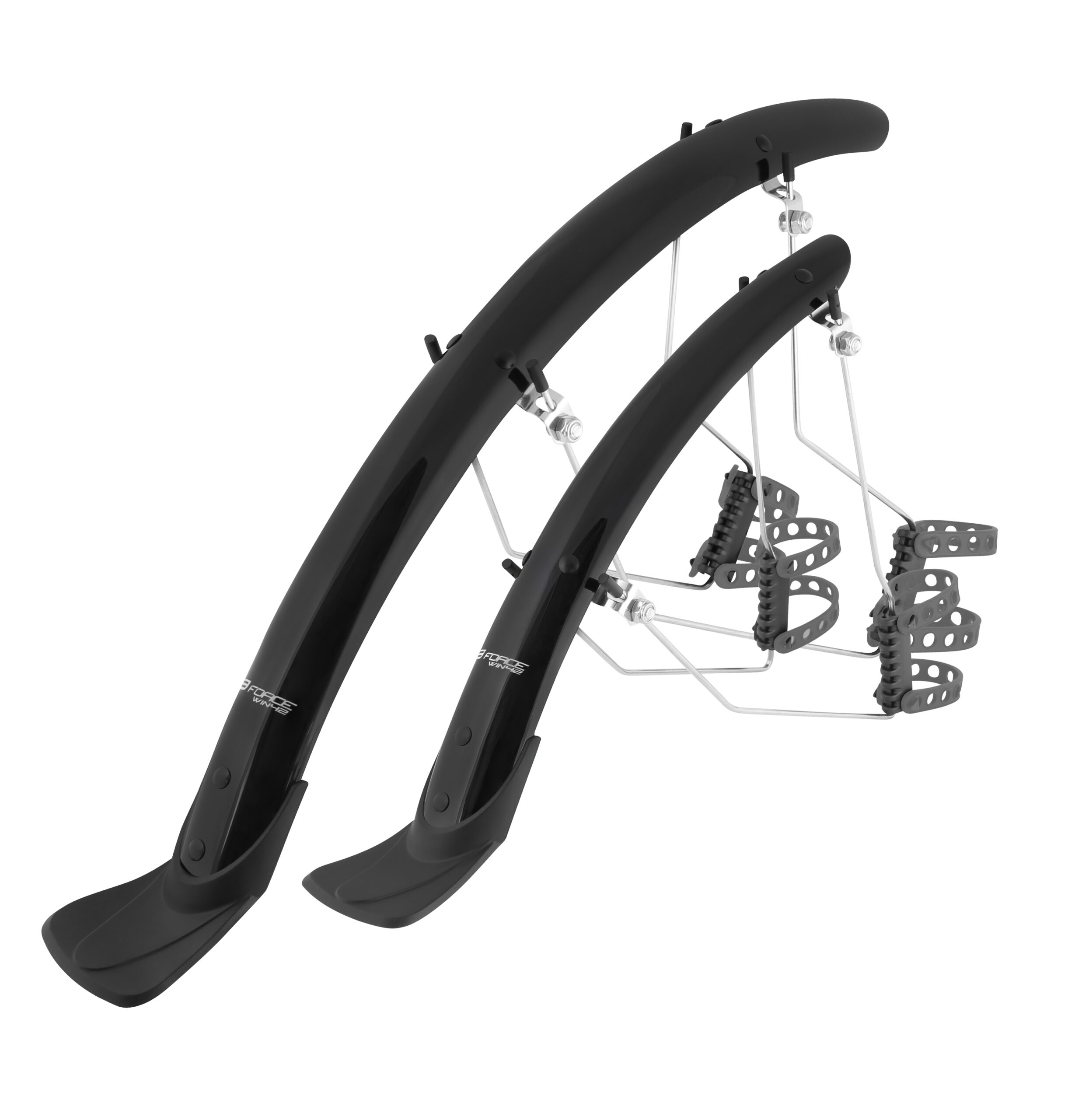 set of mudguards front + rear long (with plastic end caps)IDEAL SOLUTION FOR CARBON FRAMESdesigned for 28" ROAD and TREKKING wheelswidth of mudguard: 42 mmmaterial: PET with two-piece steel bracketsweight (incl. struts and end caps): 370 gpacked in polybag