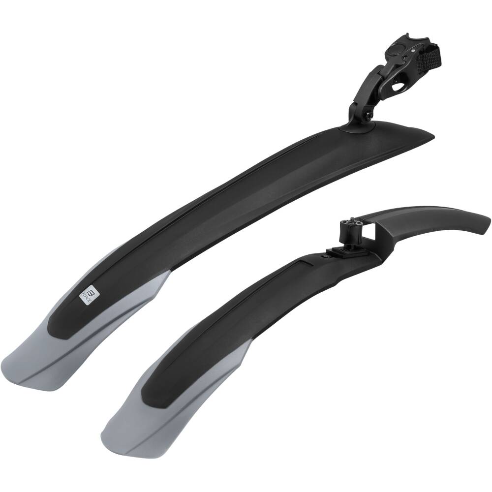 set of mudguards front + rear<br>designed for oll bike  24" - 29" wheels<br>for suspension forks (inner diameter 15-35 mm)<br>for all types of seatposts with rounded profile<br>width of mudguard: 77 mm (in the middle)<br>width of mudguard: 100 mm (in the grey end)<br>material: plastic