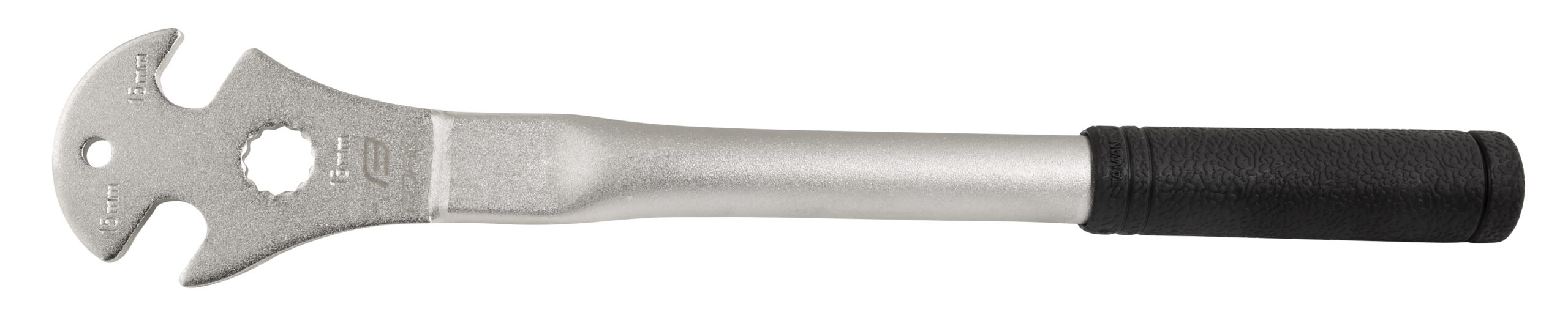 long pedal wrench - 15mmopenings positioned for better manipulationwith hanging hole