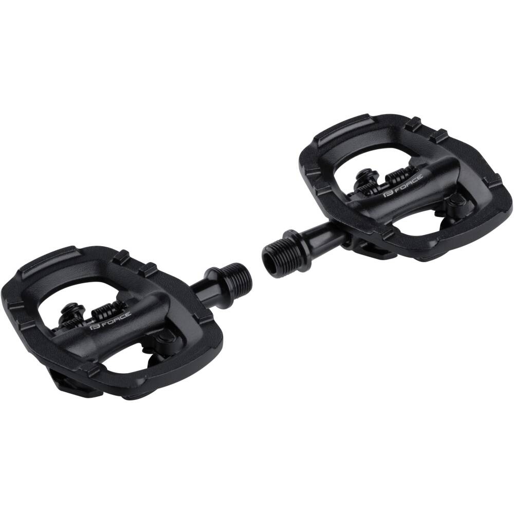 one-sided clip in tourist pedals<br>clip-in FPC pedals - FORCE Pedal Click system<br>compatible with SHIMANO SPD cleats SM-SH51/ 56<br>ball-bearings<br>alloy pedal body