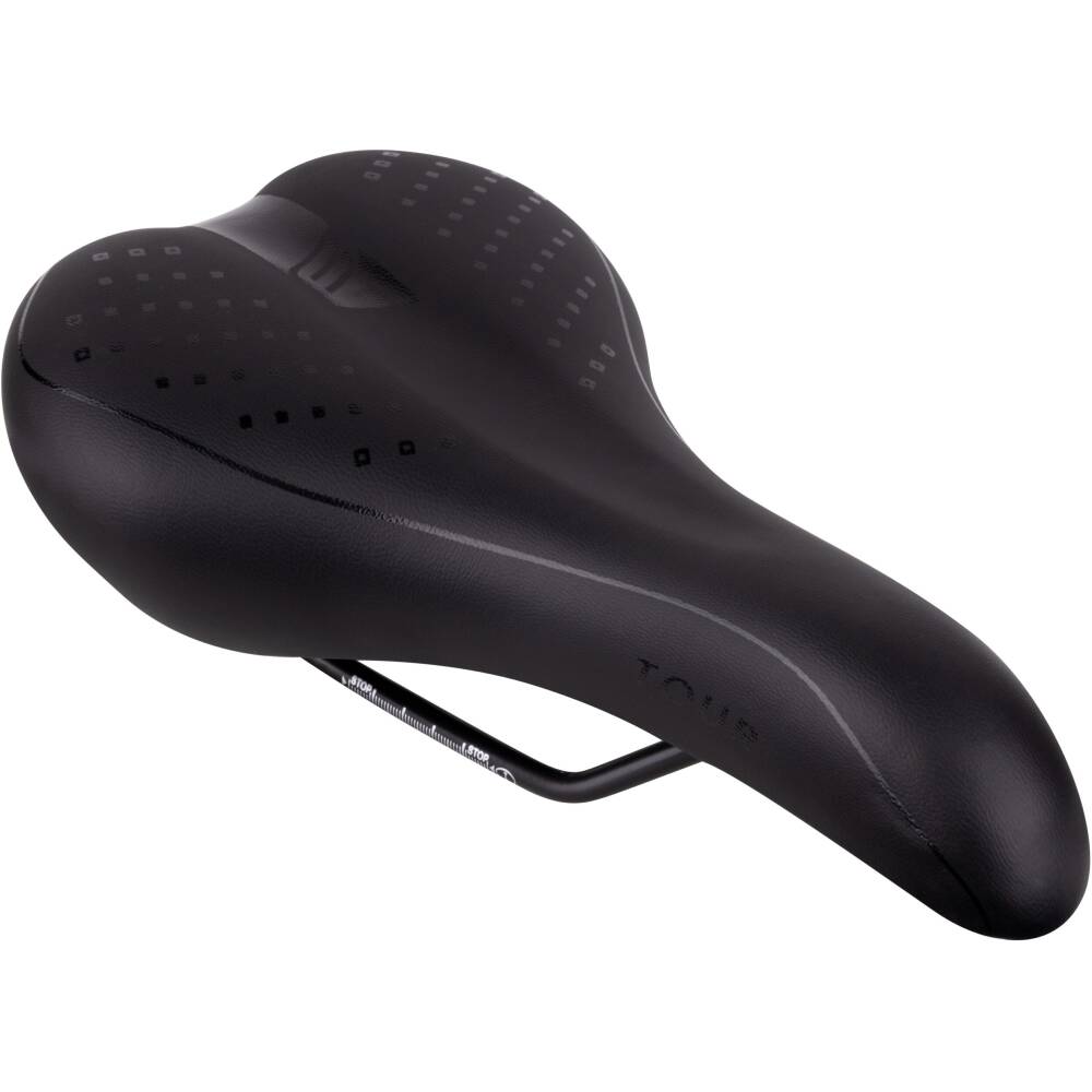 very soft and comfortable tourist saddle <br>does NOT include seatpost clamp<br>seat platform: nylon<br>steel rails with scale<br>material: artificial leather<br>size: 275 x 160 mm<br>weight: 350 g<br>packed in polybag<br>Made in EU<br><br>