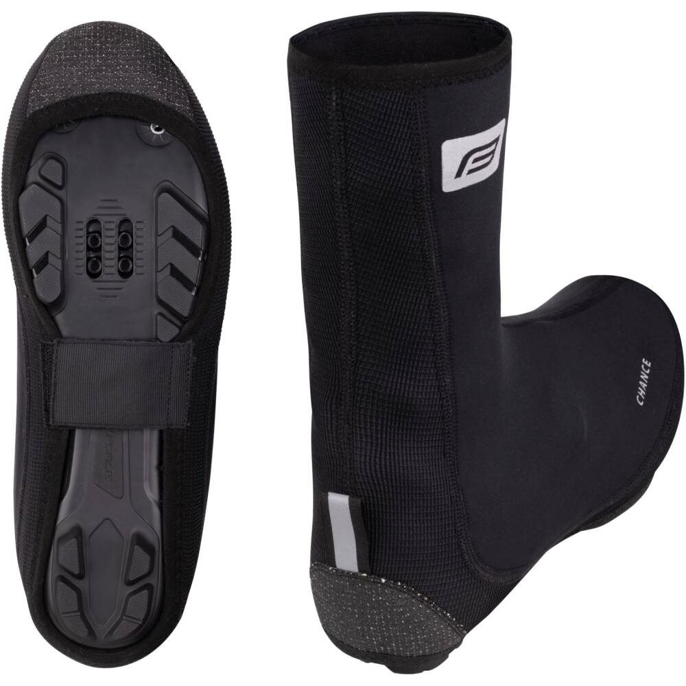 WITHOUT ZIPPER = WITHOUT FASTENING<br>for MTB shoes<br>hole across the entire sole + velcro<br>central sole strap with velcro fastener<br>reinforced toe and heel<br>taped seams<br>reflective logos<br>reflective strap on the back for better shoe fitting<br>antislip silicone around the hem + heel<br>putting on: first pull the cover over the calf