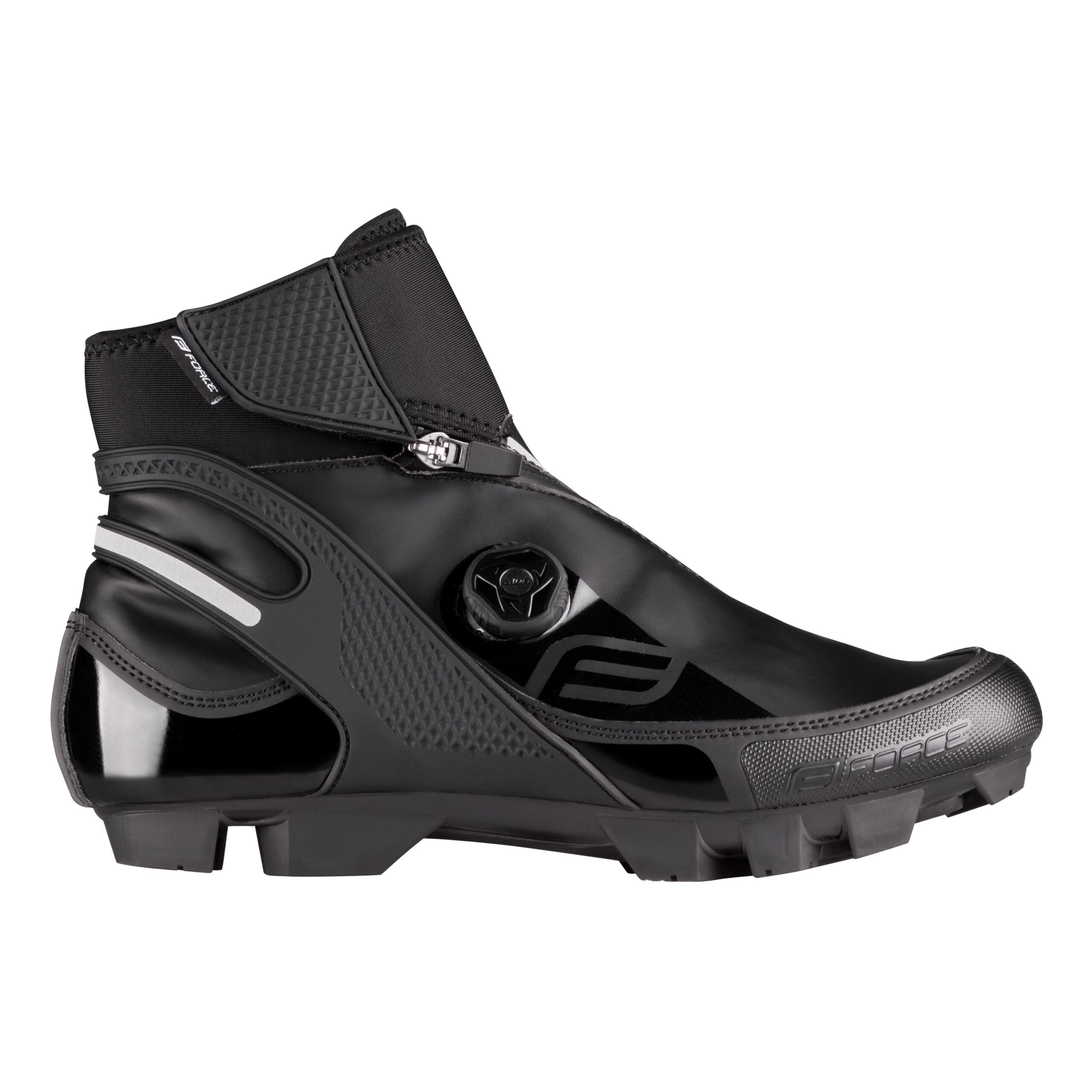 outsole: nylon compositestiffness index: 6weight: 445g (1/2 in size 42)fastening with ATOP knob A-A41 and velcro reinforced heel and toe partinner ankle part toe part of shoe with rubber - protection for scufftemperature rating -5 °C to +5 °Cwaterproof neoprene materialfastening covered with waterproof zipperanatomical insulated insoleultimate cold weather protectionantislip inner partSPD compatiblereflective featureswith replaceable studs and wrenchpossibility to buy spare studspossibility to buy spare wheel A-A41cleats are not includedsizes correspond to the standard sizing of casual shoespacked in FORCE box