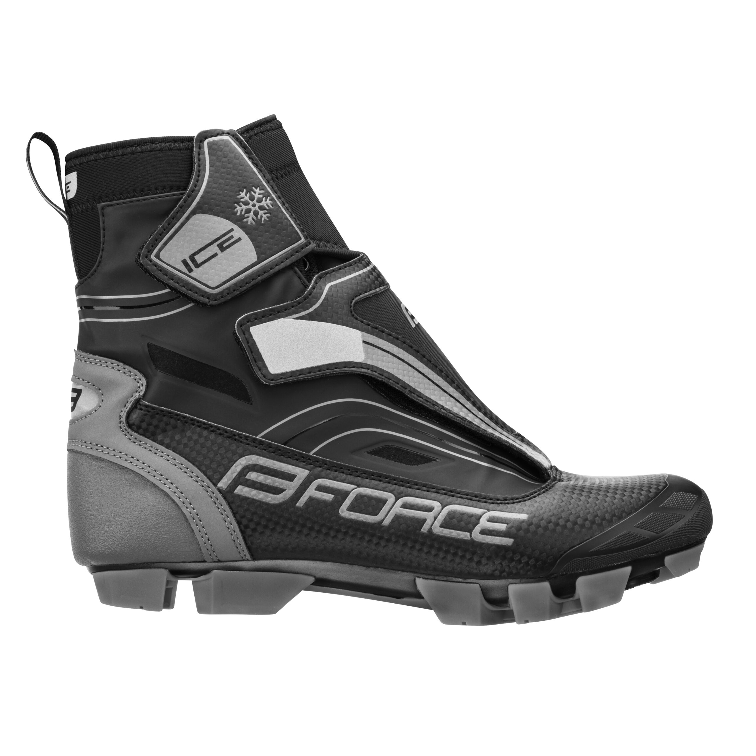 outsole: nylon compositestiffness index: 6weight: 485g (1/2 in size 42)fastening with lacesreinforced heel and toe parttoe part of shoe with rubber - protection for scuffwaterproof neoprene materialfastening covered with waterproof zipper and tongueanatomical insulated insoleultimate cold weather protectionantislip inner partSPD compatiblereflective featureswith replaceable studs and wrenchpossibility to buy spare studscleats are not includedsizes correspond to the standard sizing of casual shoespacked in FORCE box