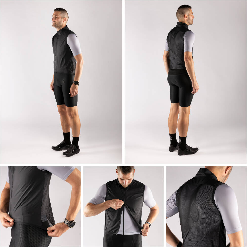 full length zip fastening<br>windproof material at front<br>mesh on the whole back<br>two-way zipper<br>elastic hem around shoulders and bottom hem<br>temperature rating +15 °C and above<br>material: 100% polyester<br>packed in polybag<br>