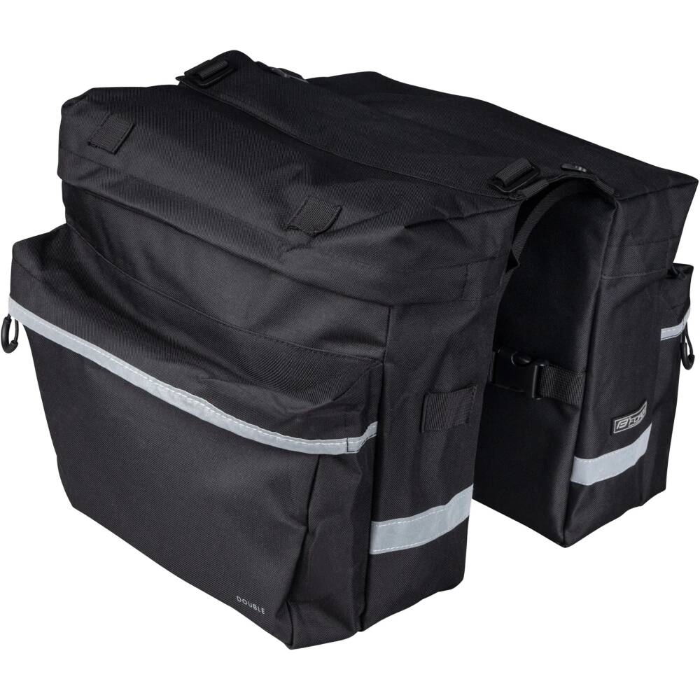 reinforced rear double-bag FORCE DOUBLE<br>with strap fastening on rear carrier<br>2 big pockets with zipper + 2 small pockets with zipper<br>reflective features