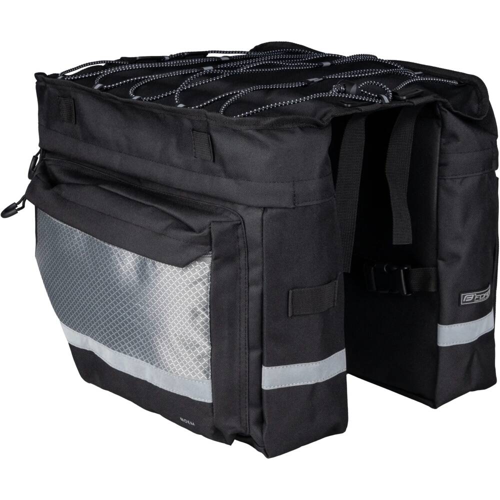 reinforced rear double-bag FORCE NOEM<br>with strap fastening on rear carrier<br>2 big pockets with zipper + 2 small pockets with zipper<br>elastic strap on the top