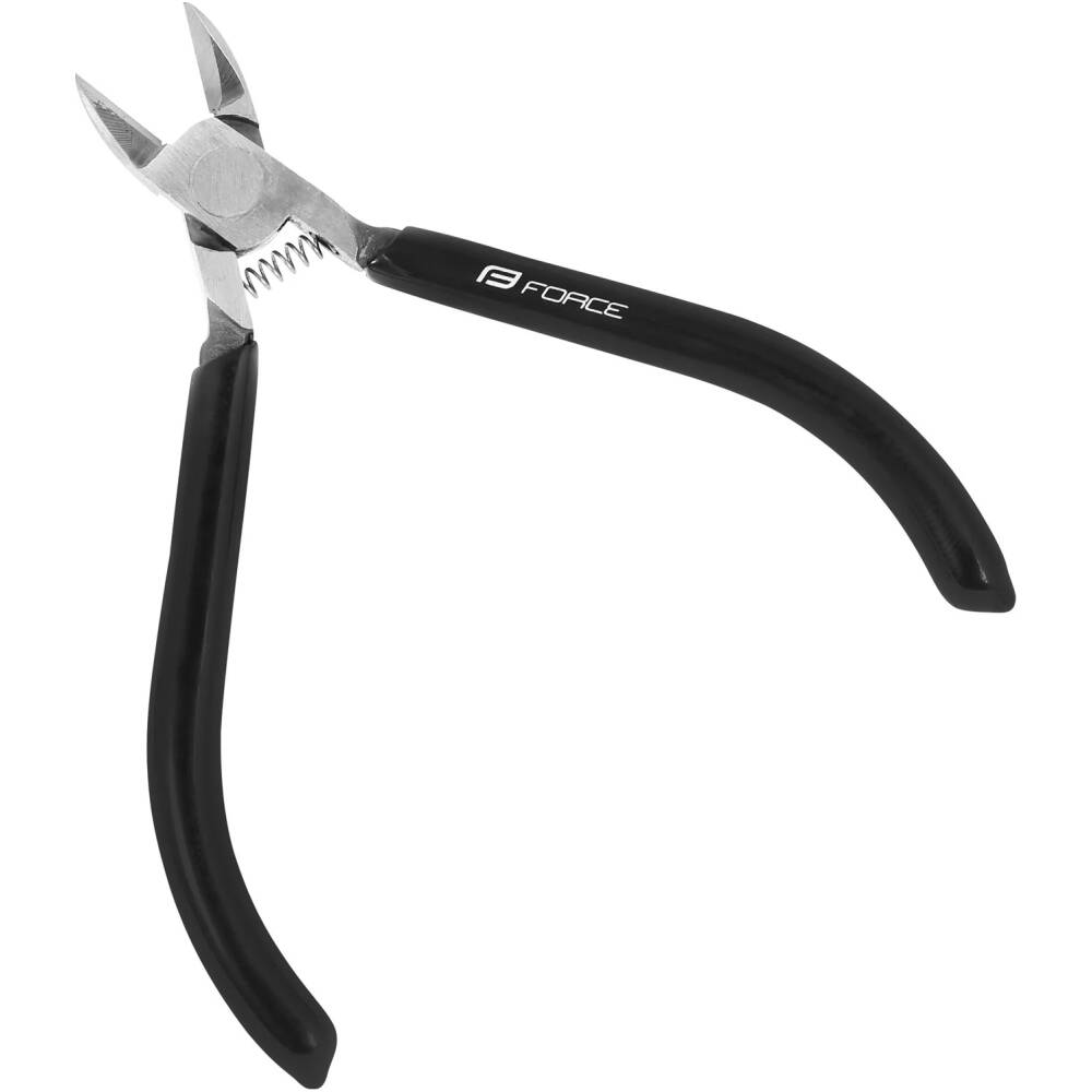 cutting pliers for shortening tie straps (electrician)<br>clean cut aligned with locking head of the tie strap<br>prevents cutting from sharp edges of protruding tie end<br>blade bent at 15°