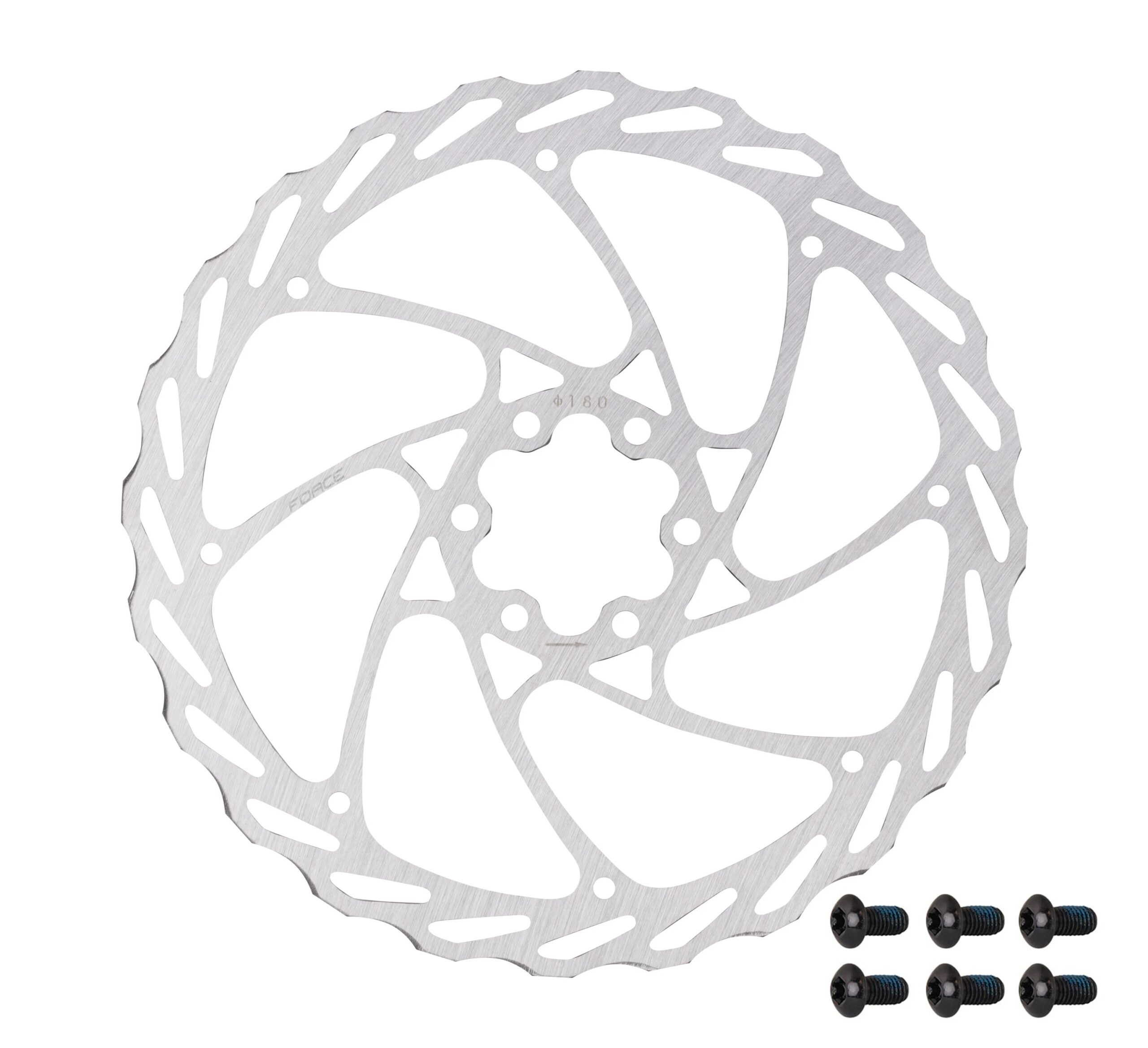 diameter of the brake rotor: 180 mm6 bolt attachmentwith torx screwsmaterial: stainless steel weight: 131 gpacked in polybag with FORCE card