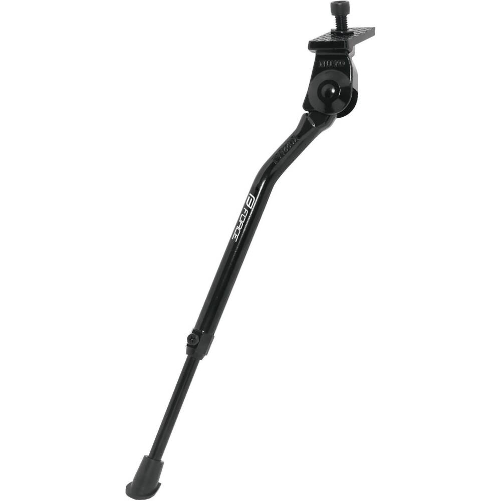 under frame kickstand FORCE black<br>mounting on chainstays  without counterpart<br>adjustable: for 20" - 28" wheels<br>maximal length: 34 cm<br>minimal length: 28 cm<br>with plastic end<br>material: alloy<br>weight: 210 g<br>packed in polybag