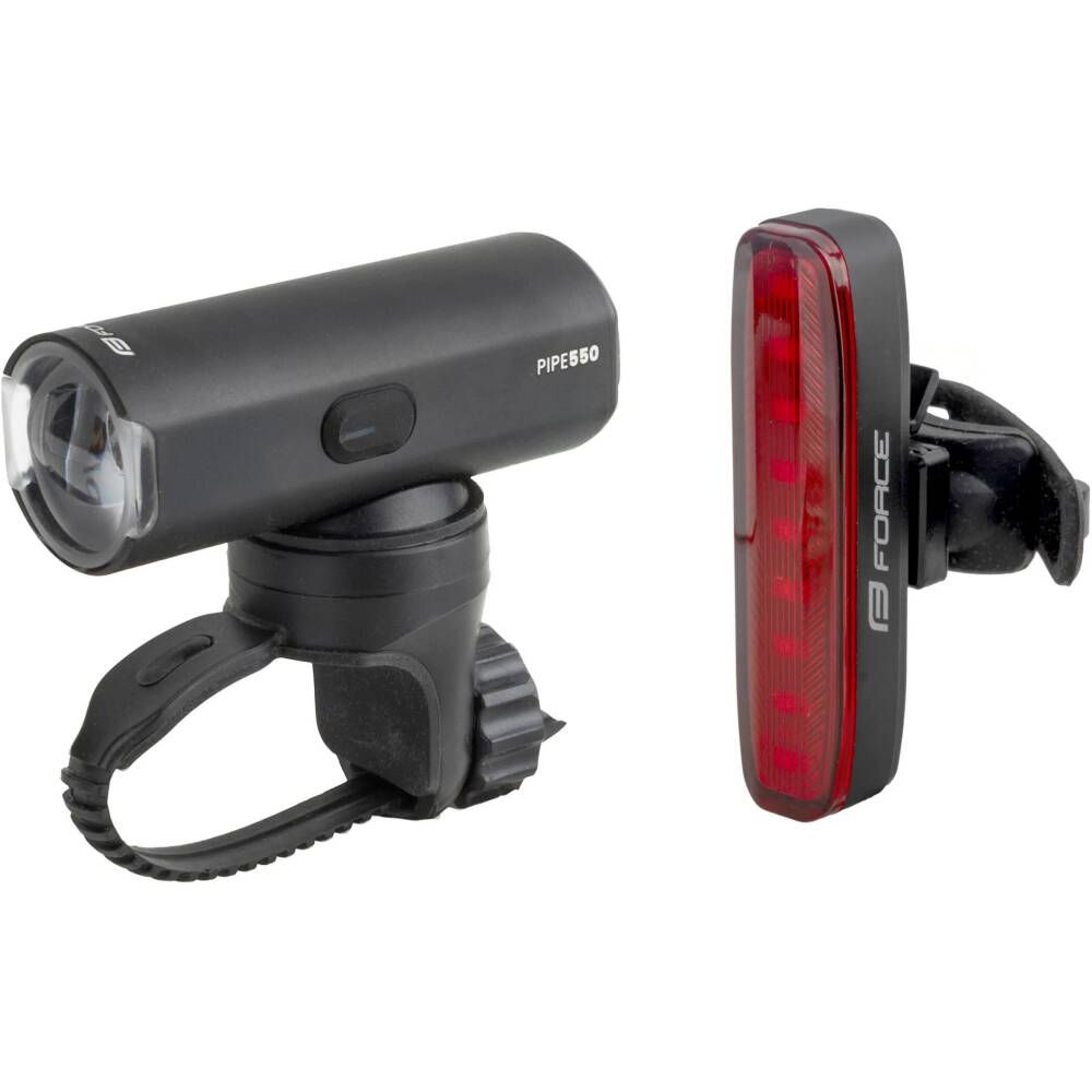 front light FORCE PIPE 550LM USB (art. 451761)<br>5 functions: 4 functions of lighting + 1 flashing mod<br>universal elastic plastice holder for handlebar 22