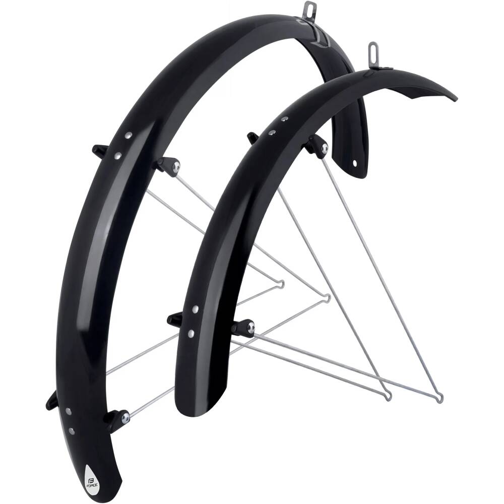 set of mudguards front + rear<br>designed for 26" wheels<br>width of mudguard: 58 mm<br>material: PET with two-piece steel brackets + zinc coated stays<br>weight: 540 g<br>in some cases it is necessary to adjust the length of the struts by shortening<br>packed in polybag<br>made in Italy