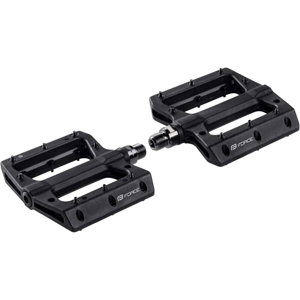nylon pedals<br>sealed bearings + near by the crank there is HQ bushing bearing<br>replacable pins<br>platform size: 106x96 mm<br>weight of 1 pair: 368 g<br>packed on FORCE card