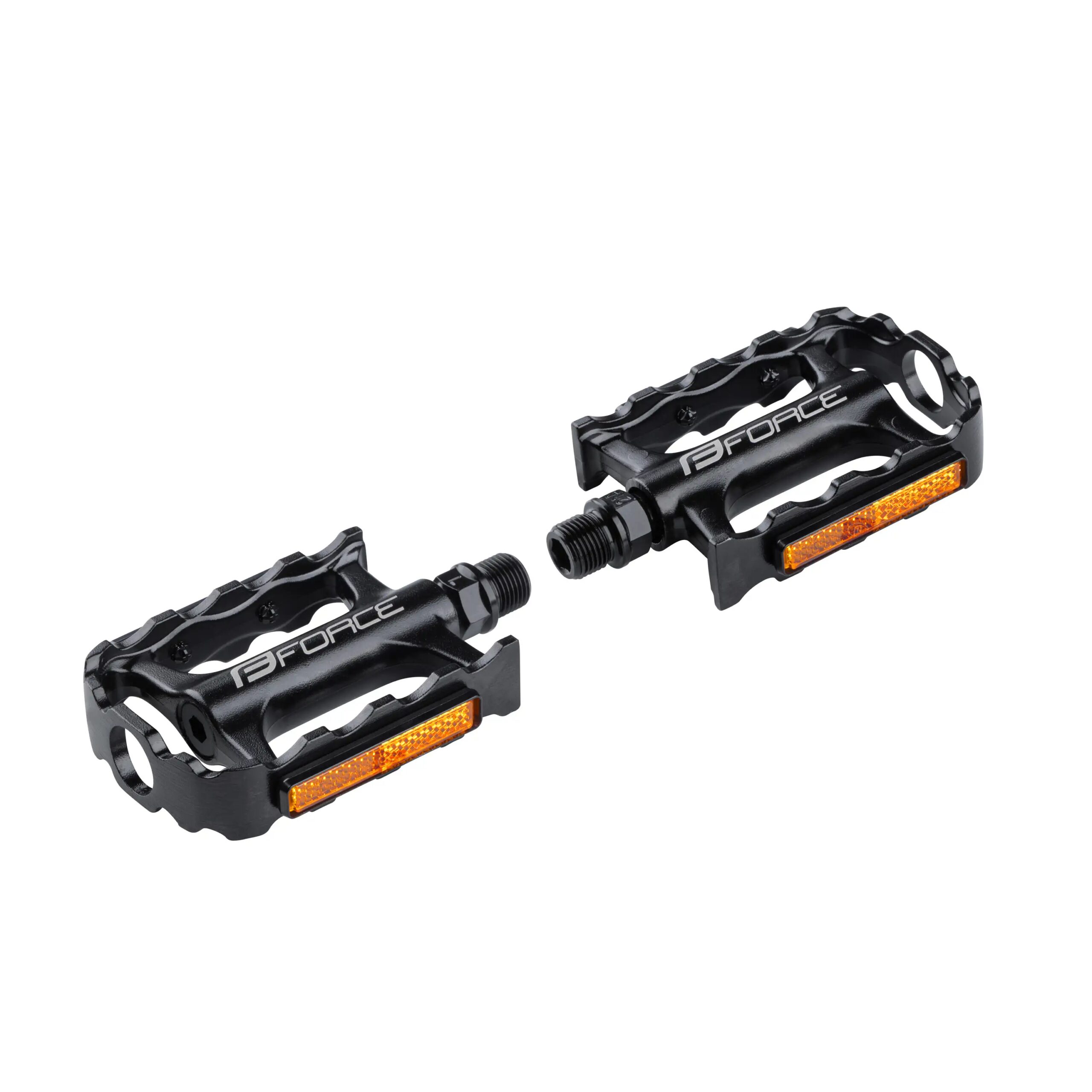 FORCE pedals with reflectorssealed-bearings with anti-slip pedal surfaceplatform size: 99x72 mmweight of 1 pair: 314 gpacked on FORCE card