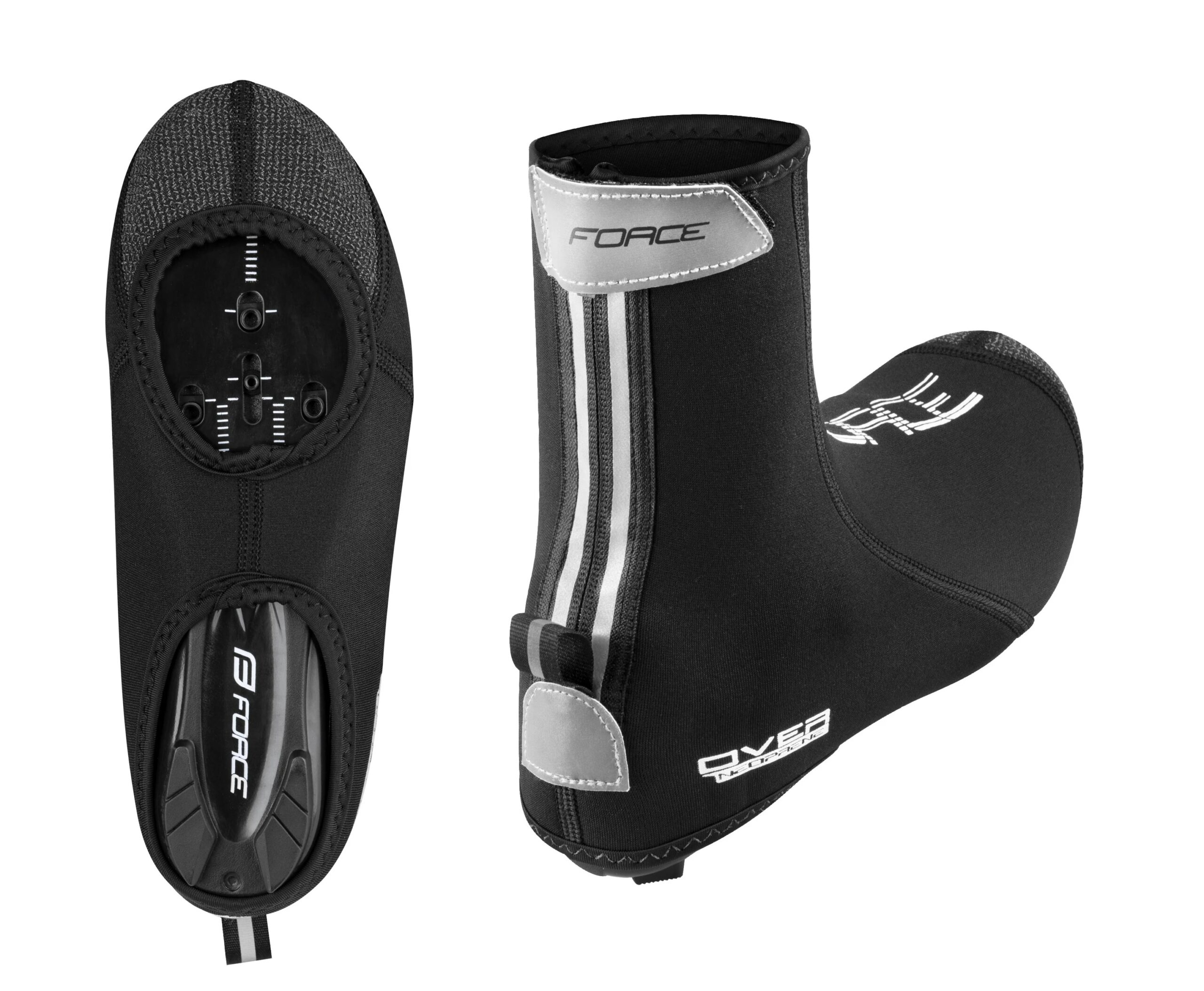 neopren covers for cycling shoes 2 openings on the solezip fastening on the back side with reflective velcro strap neopren 3 mm and front part with kevlarmaterial : 90% neopren