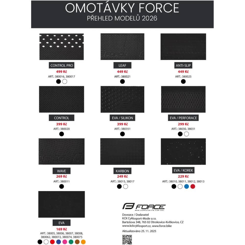 swatch of handlebar tapes - FORCE models for 2026<br>for better orientation in our range of wraps<br>prices in CZK<br>