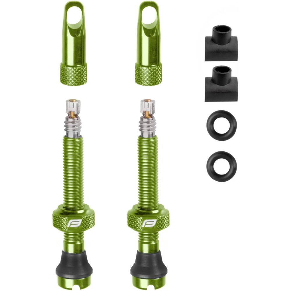 set includes 2 pcs. of presta valve (alloy)<br>with seal and alloy rim nut<br>cap is designed as a PRESTA valve core tool<br>2 pcs. of spare seal O-ring<br>2 pcs. of spare (squared) rubber bases<br>valve (w/o core) is 44 mm long<br>weight of the valve is 5