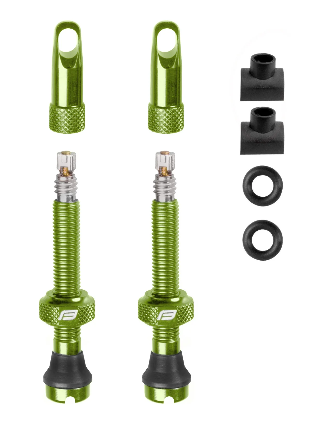 set includes 2 pcs. of presta valve (alloy)with seal and alloy rim nutcap is designed as a PRESTA valve core tool2 pcs. of spare seal O-ring2 pcs. of spare (squared) rubber basesvalve (w/o core) is 44 mm longweight of the valve is 5