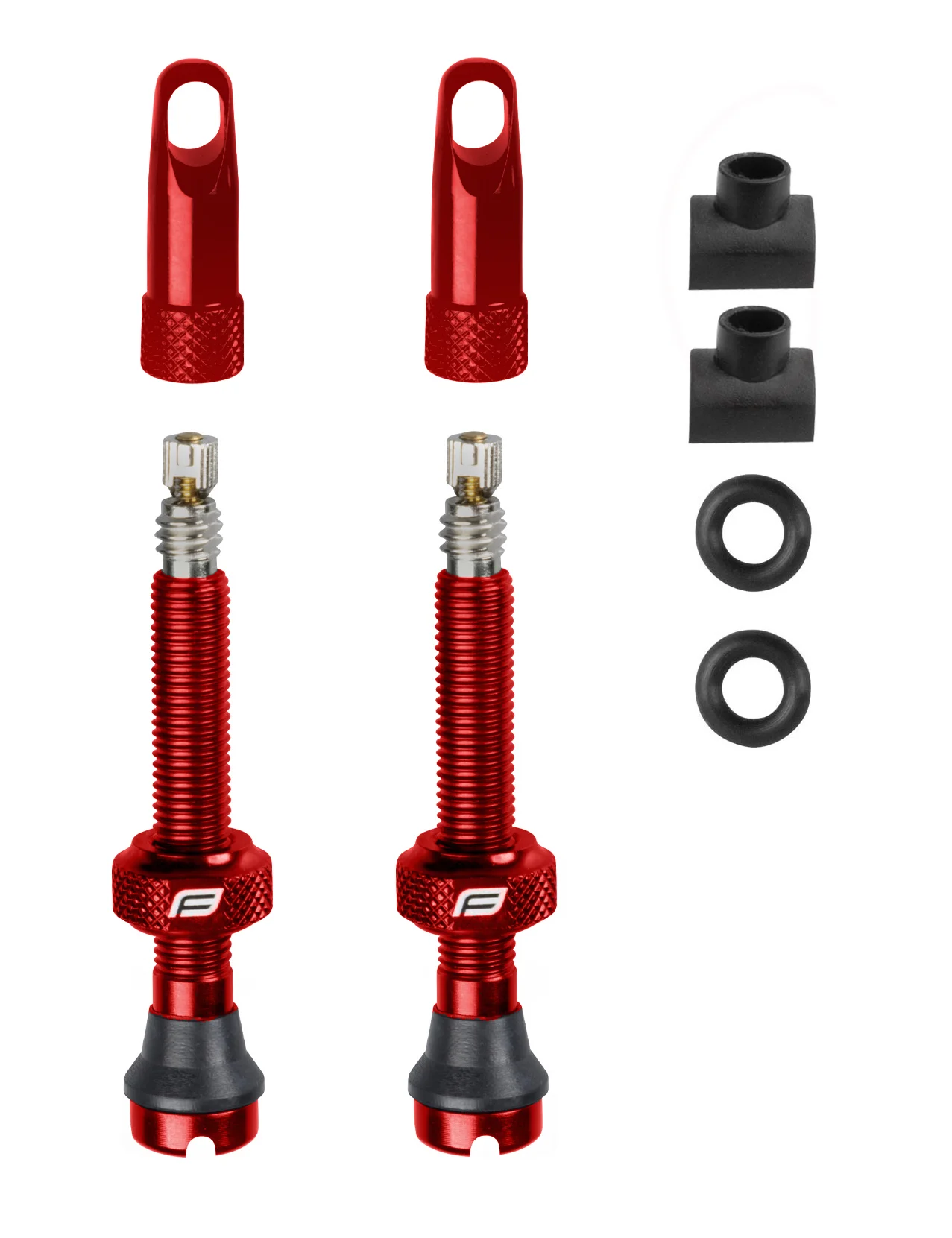 set includes 2 pcs. of presta valve (alloy)with seal and alloy rim nutcap is designed as a PRESTA valve core tool2 pcs. of spare seal O-ring2 pcs. of spare (squared) rubber basesvalve (w/o core) is 44 mm longweight of the valve is 5