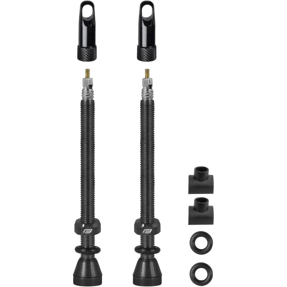 set includes 2 pcs. of presta valve (alloy)<br>with seal and alloy rim nut<br>cap is designed as a PRESTA valve core tool<br>2 pcs. of spare seal O-ring<br>2 pcs. of spare (squared) rubber bases<br>valve (w/o core) is 80 mm long<br>weight of the valve is 7
